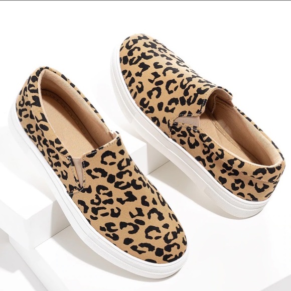 Light Tan Leopard Print Canvas Slip On Sneakers - Picture 7 of 8